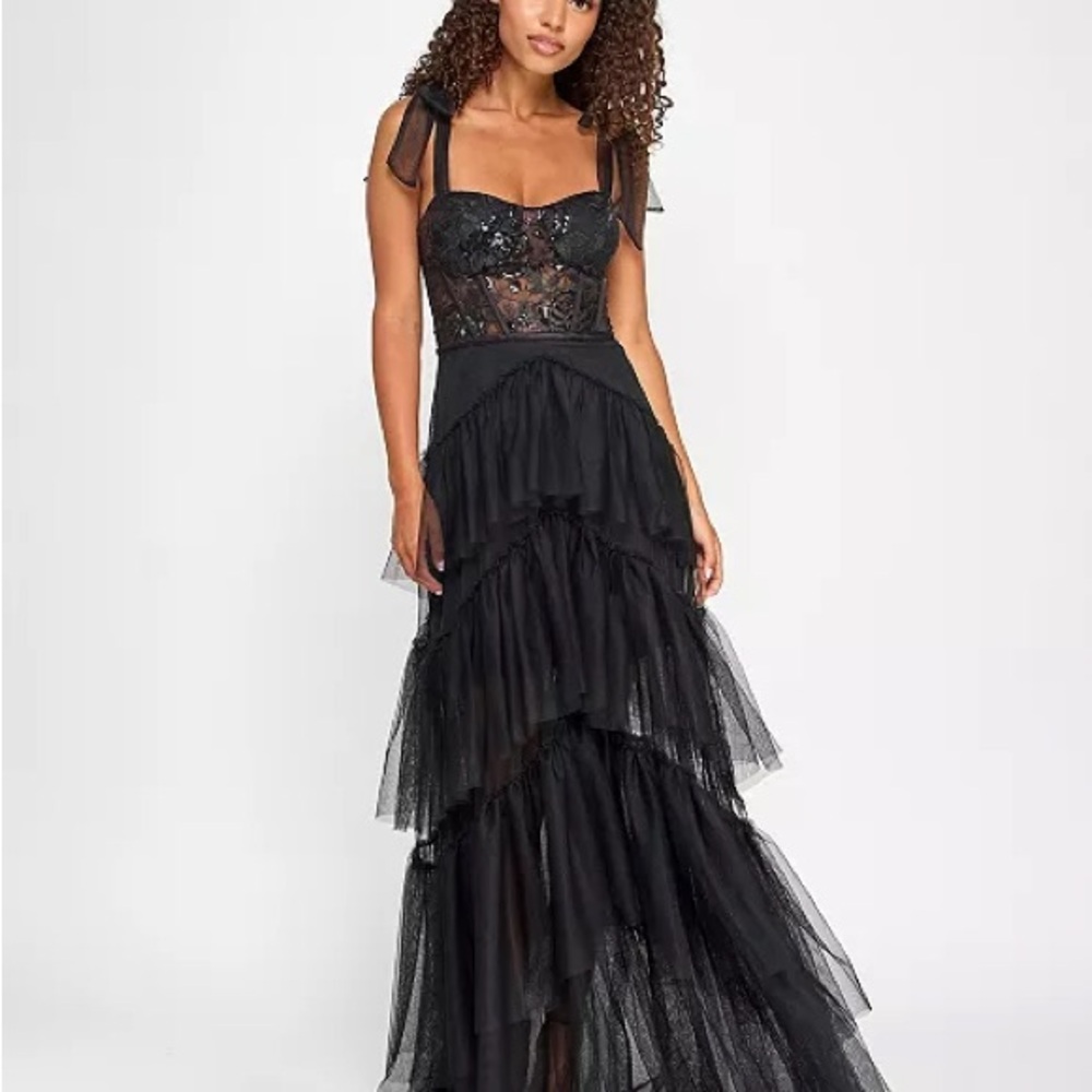 City Studio Black Lace Bodice Tiered Tulle Maxi Dress